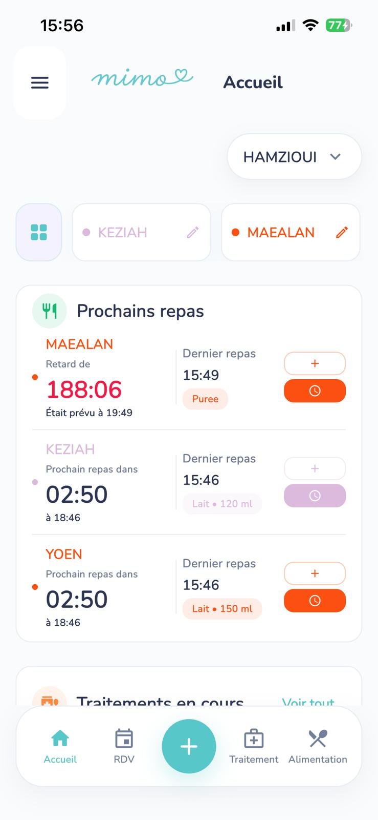 Écran d’accueil Mimoo avec le suivi des prochains repas de bébé