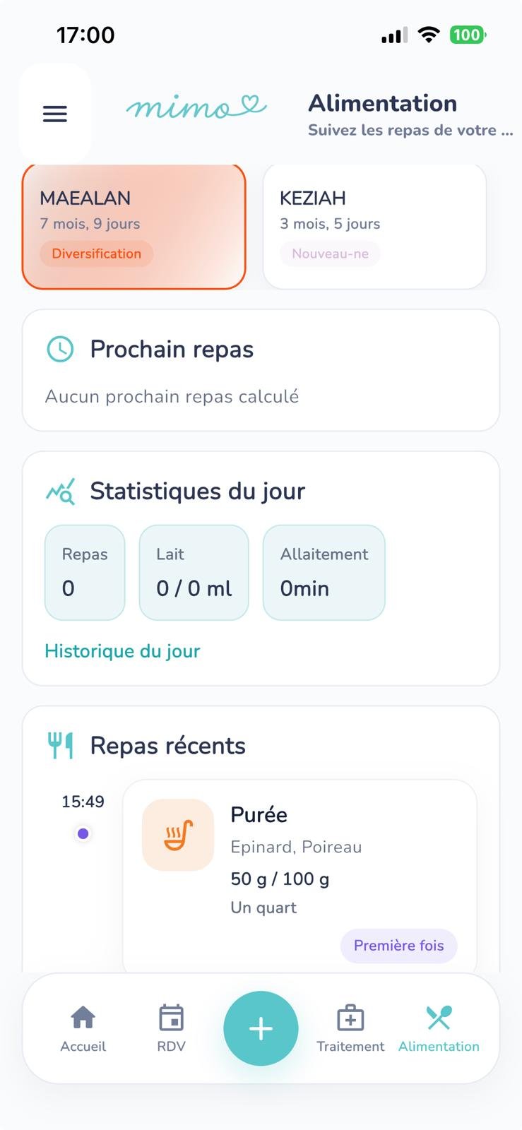 Écran Mimoo de suivi des repas et quantités de bébé